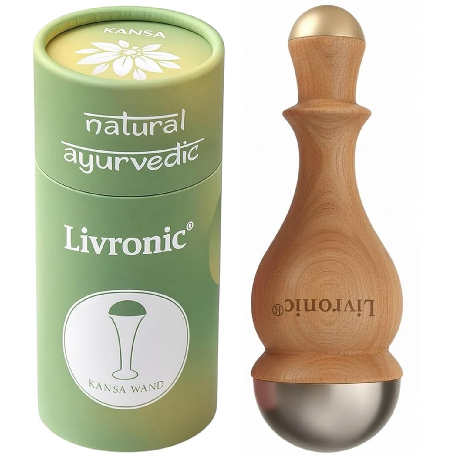 Livronic® Kansa Wand Massager 2-in-1 Bronze Cap | Traditional Ayurvedic Tool for Face Glow, Foot & Body Marma Massage | Teak Wood Handle | Anar Shape (Natutal Brown)