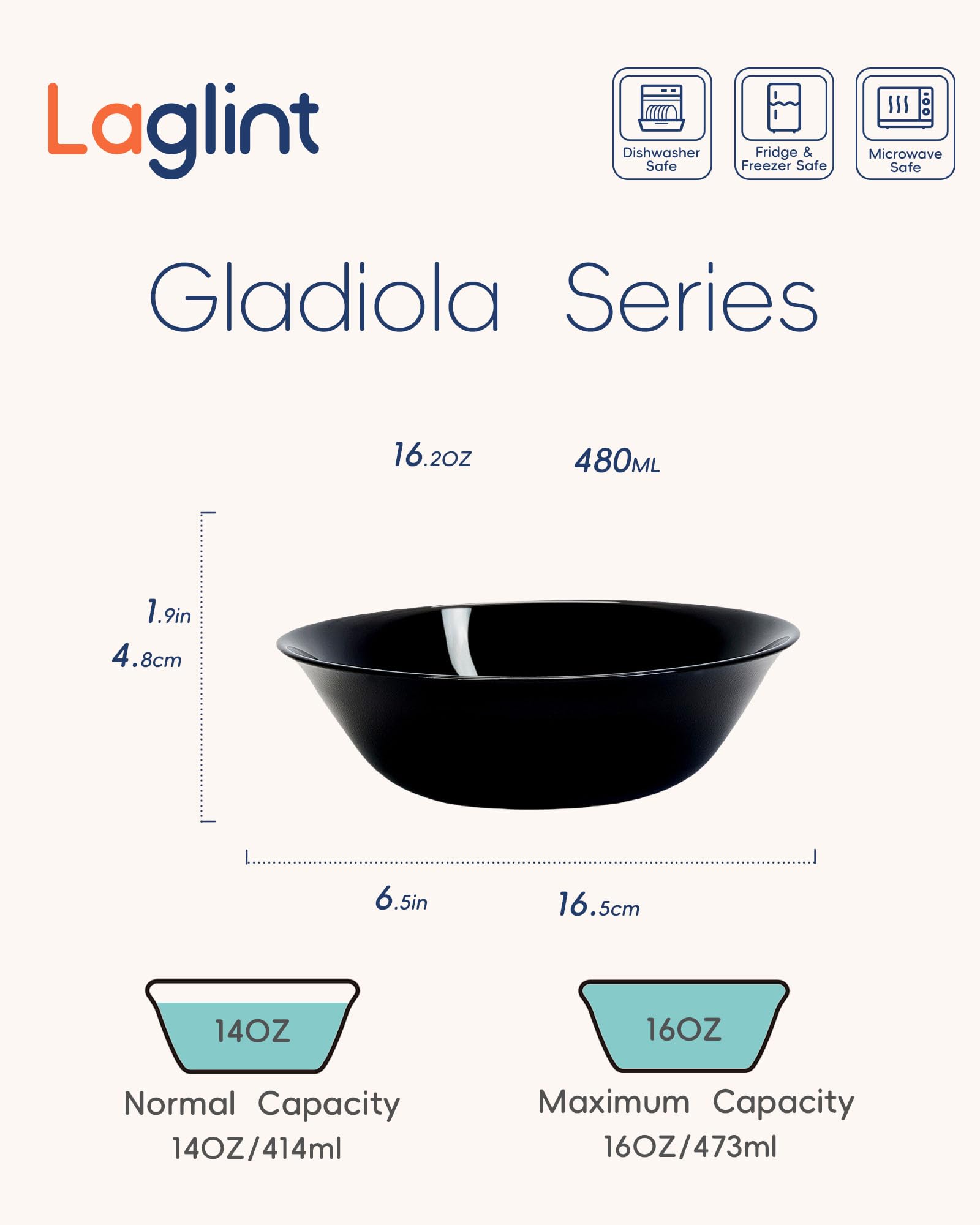 LaGlint Set di 6 Ciotole per Cereali 473ml, Vetro Opale Nero, 16,5cm - Ciotole Rotonde Adatte a Zuppa, Insalata, Riso, Lavastoviglie e Microonde