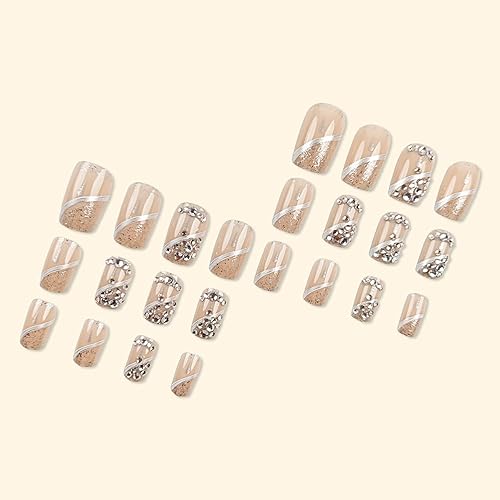 Miniatura 52 de 24 uñas postizas cuadradas medianas con punta francesa a presión, pegamento brillante en las uñas, uñas postizas de cobertura completa con diamantes