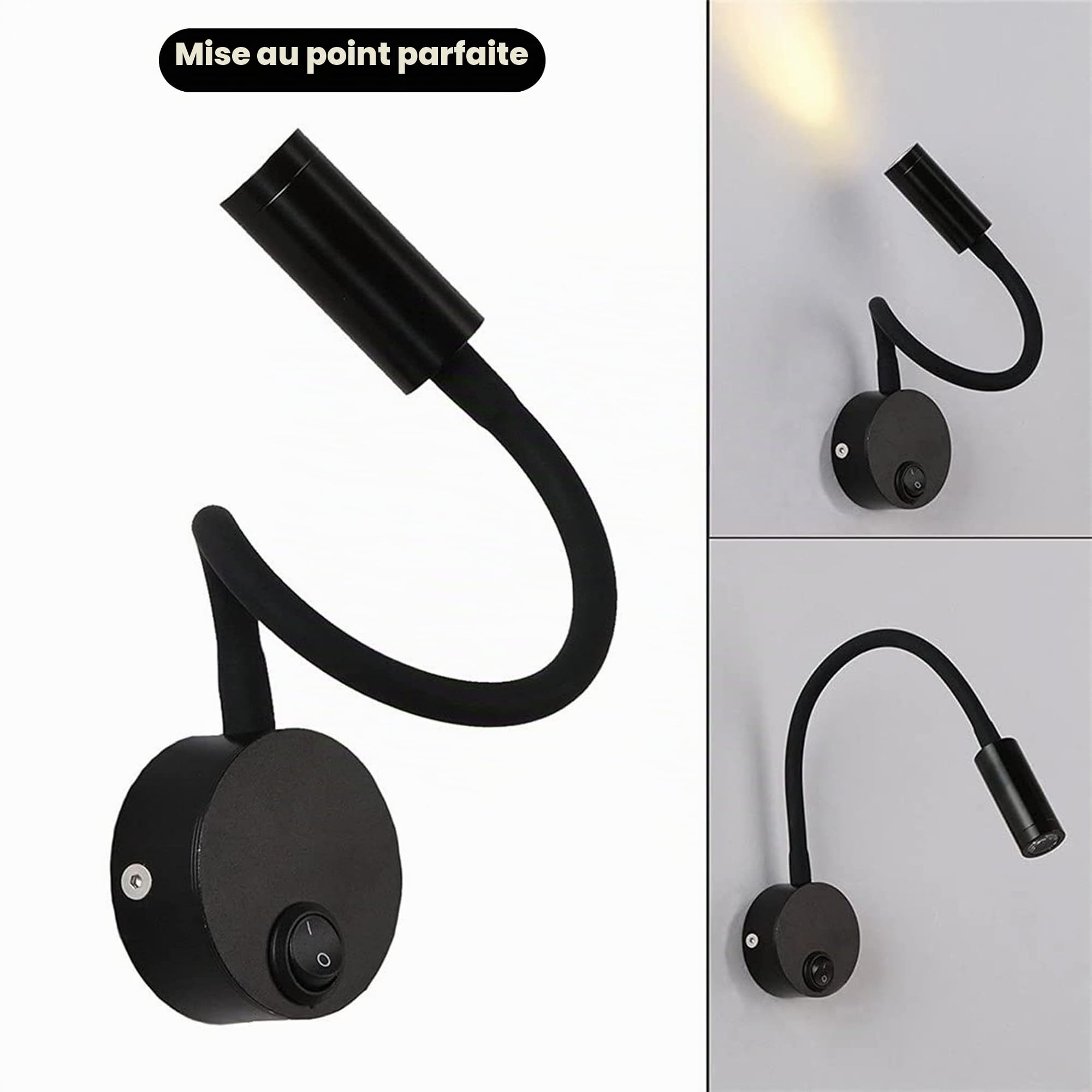 2 Pièces Noire Lampe de Lecture Murale 3W - Applique de Bureau en Aluminium à Cou Flexible Réglable, avec Interrupteur LED Soins des Yeux