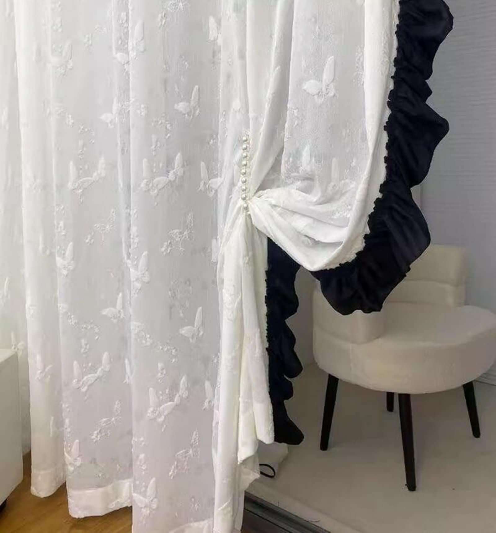 Przezroczyste zasłony 160 cm długości, zasłony z woalu, z haczykami, zestaw 2 sztuk, białe, czarne, żakardowe, wzór motyli z falbankami, do sypialni, salonu, 86 x 160 cm (szer. x wys.)