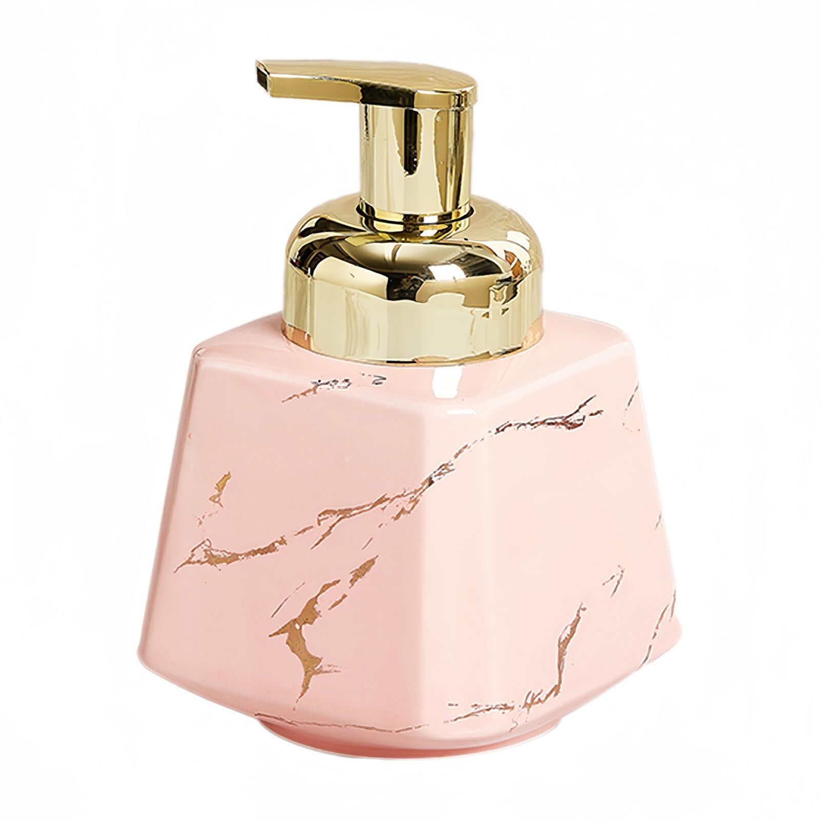 Qyleee Pink Hand Marble Ceramic Foaming Bottle Foam With Gold Pump Hand Bottles For Barthroom Kitchen Dish For Bathroom(Pink)