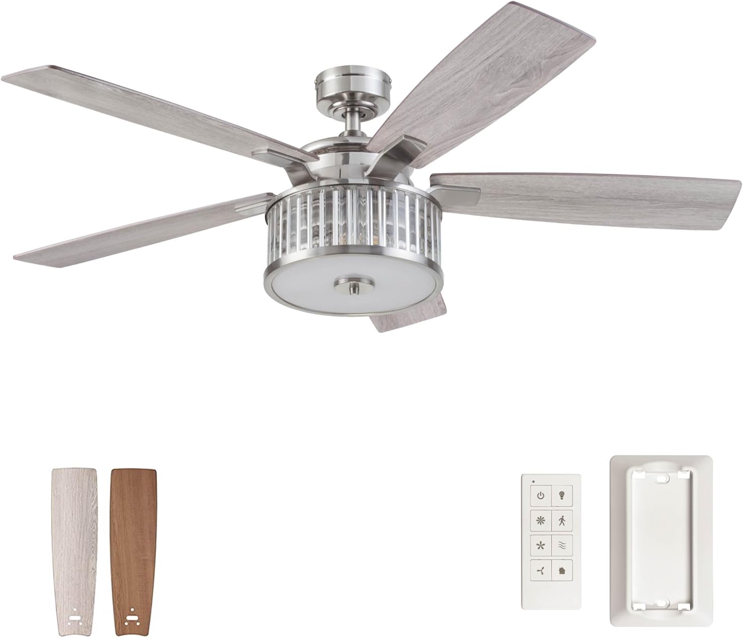 Prominence Home Saphina, 52 Inch Glam LED Ceiling Fan with Light, Remote Control, Dual Mounting Options, 5 Dual Finish Blades, Reversible Motor - 51677-01 (Brushed Nickel)