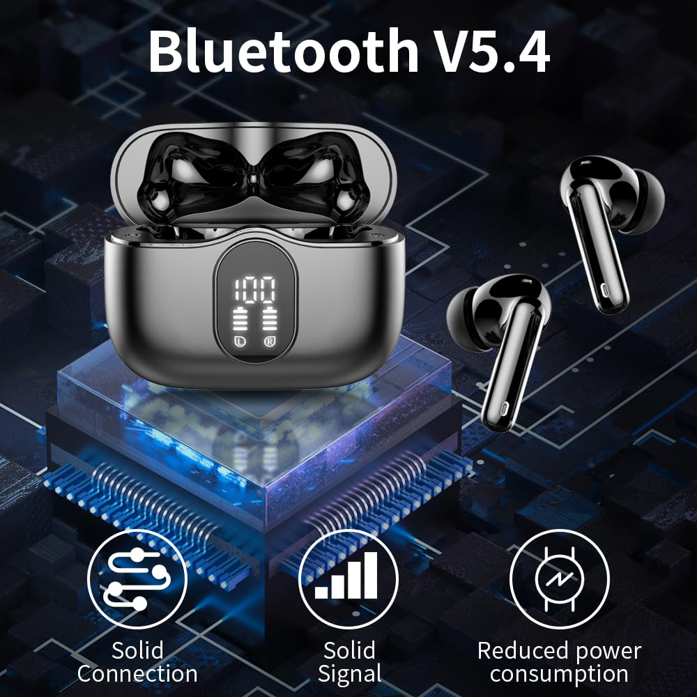 Btootos Auriculares Inalámbricos, Bluetooth 5.4 con HD Micrófono HiFi Estéreo Pantalla LED, Reducción de Ruido, 14.2 mm Controlador dinámico, IP7 Impermeable 40H Cascos Inalambricos