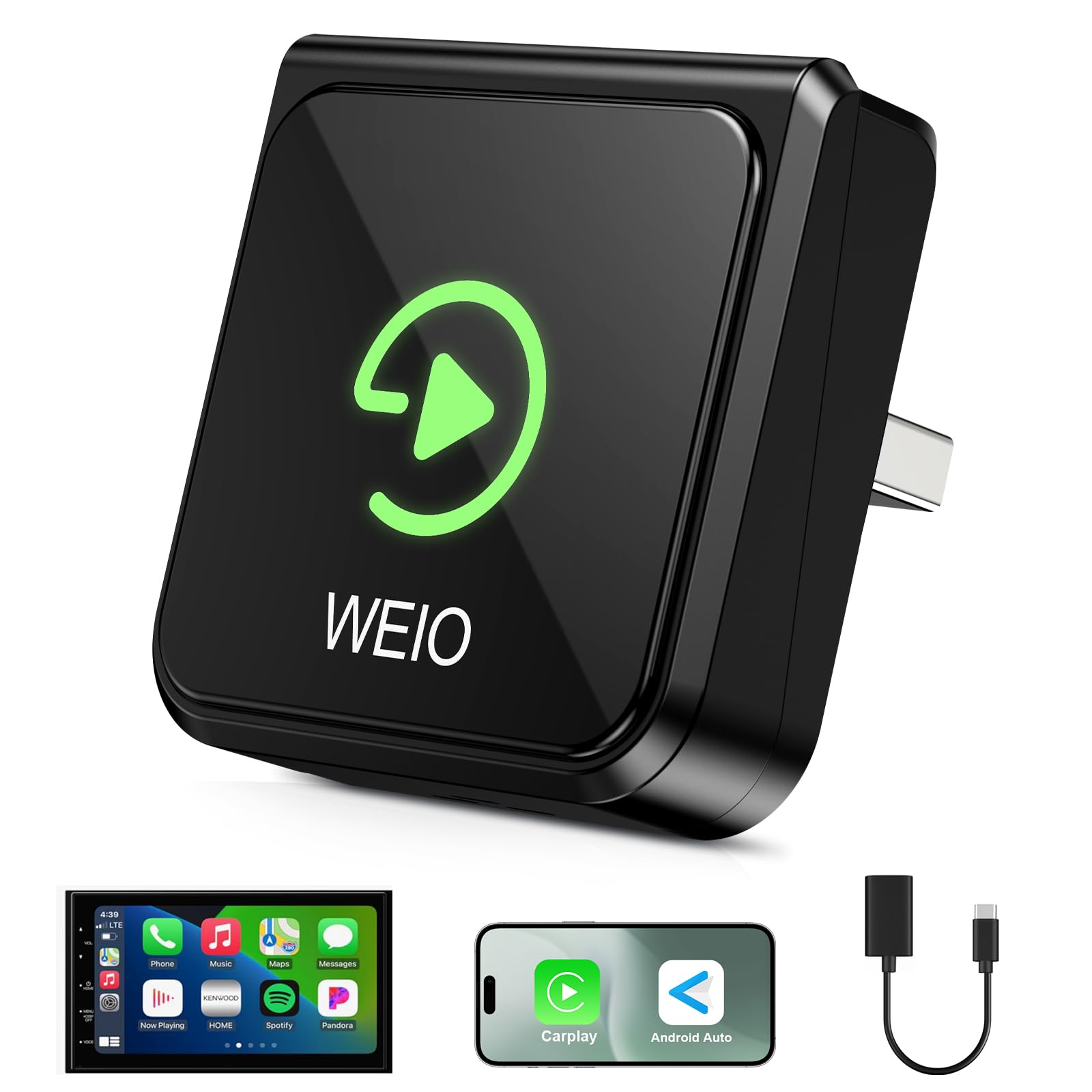 Bezprzewodowy adapter CarPlay do iPhone'a: ulepszony chip, CarPlay, bezprzewodowy adapter – mini, niezawodne połączenie, USB/typ C, kompatybilny z iPhone iOS 10+ i przewodowym CarPlay od 2016 r., Plug