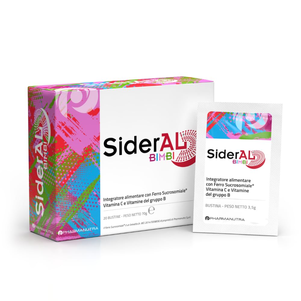 SiderAL Bimbi integratore alimentare a base di ferro Sucrosomiale® (9 mg), Vitamina C, B, B12 Sucrosomiale® e Acido Folico, No gusto metallico, No Glutine, Alta tollerabilità, 20 bustine, Pharmanutra