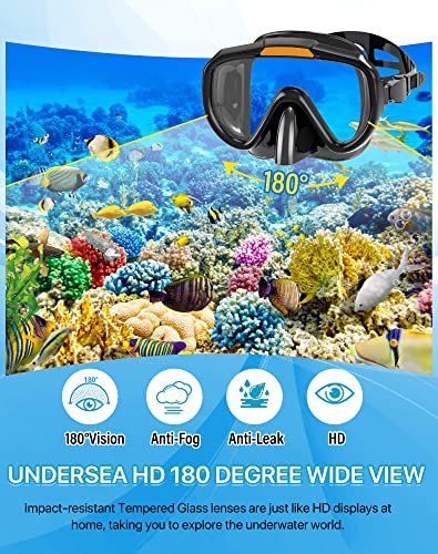 Ubekezele Snorkeling Gear for Adults Men Women,4 in 1 Snorkel Set with Panoramic View Diving Mask Anti-Fog Anti-Leak,Dry Top Snorkel,Fins and Travel Bag for Swimming,Snorkeling and Travel Diving