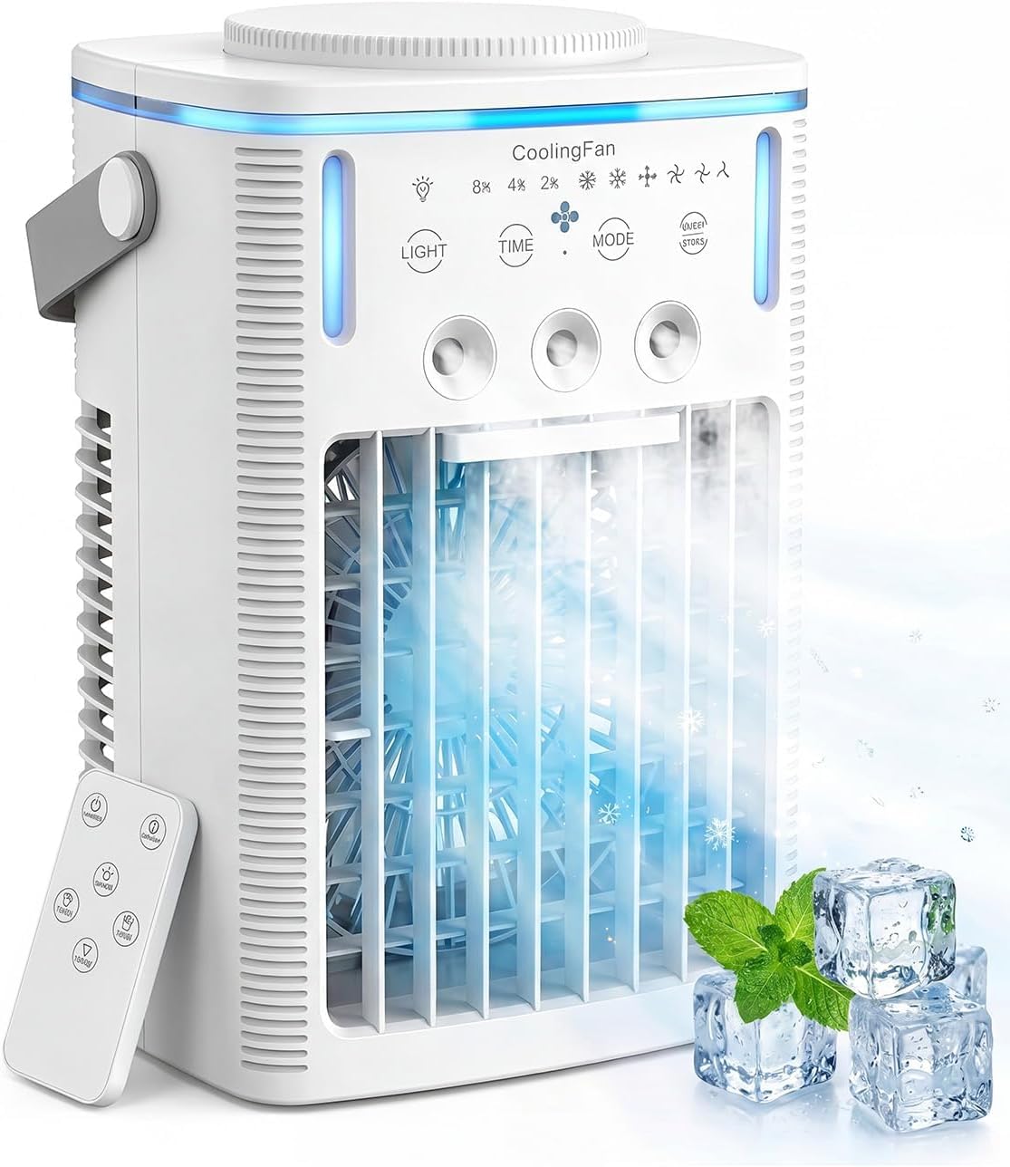 Mobile Klimaanlage, 4-in-1 Mini Klimagerät mit 1000ml Wassertank, 3-in-1 Nebel & 3 Windstufen, Touch & Fernbedienung, 2/4/8h Timer, 7 Farben Nachtlicht, Typ-C, Ideal für Zuhause, Büro, Camping, Auto
