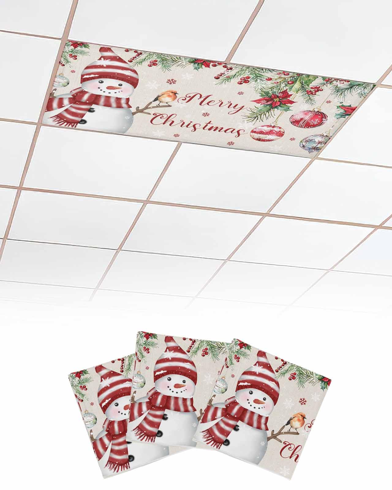 Merry Christmas 3 Pcs Fluorescent Light Covers for Ceiling Lights, Xmas Ball Poinsettia Red Berry Linen Texture Magnetic Light Filters for Eliminate Harsh Glare Classroom Office Decoration, 4 x 2 Ft