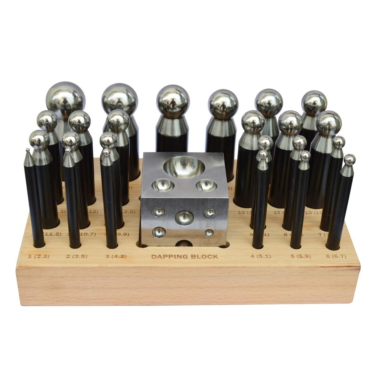 Juego de 25 punzones y bloques de acero con soporte de madera para manualidades de metal