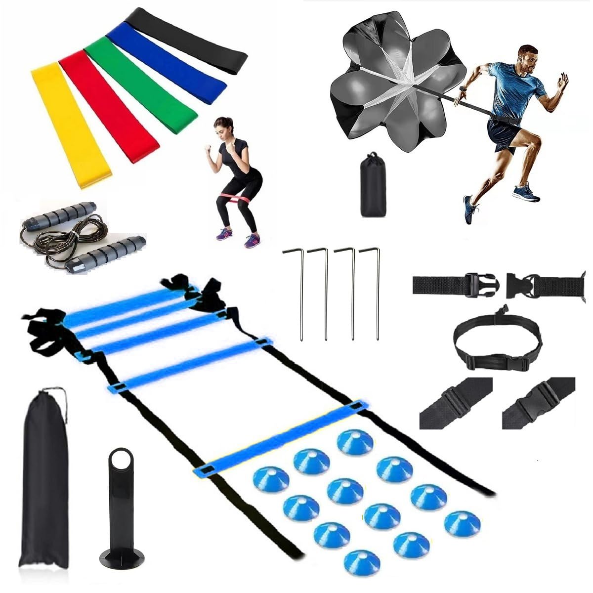 Speed Training Equipment Set, 12 rungs Agility Ladder, 12 Soccer Cones, Jump Rope, Running Parachute, Resistance Bands, Basketball Football Soccer Training Equipment for Kids Youth Adults.