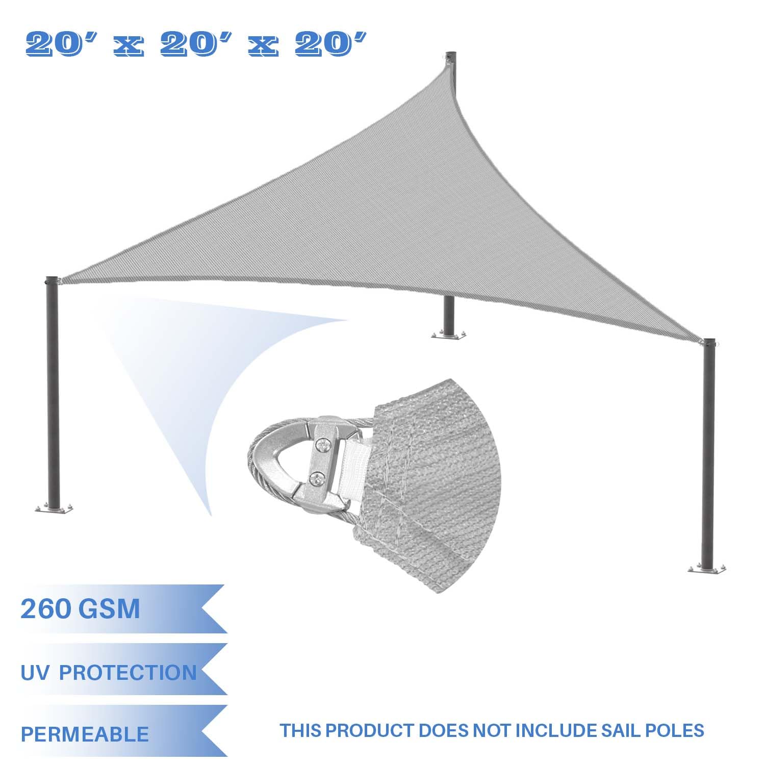 E&K Sunrise 20' x 20' x 20' Sun Shade Sail Triangle Canopy Shade Cover with A Ring Steel Cable Wire UV Block for Pergola Patio Backyard Garden Deck Outdoor (Light Gray)