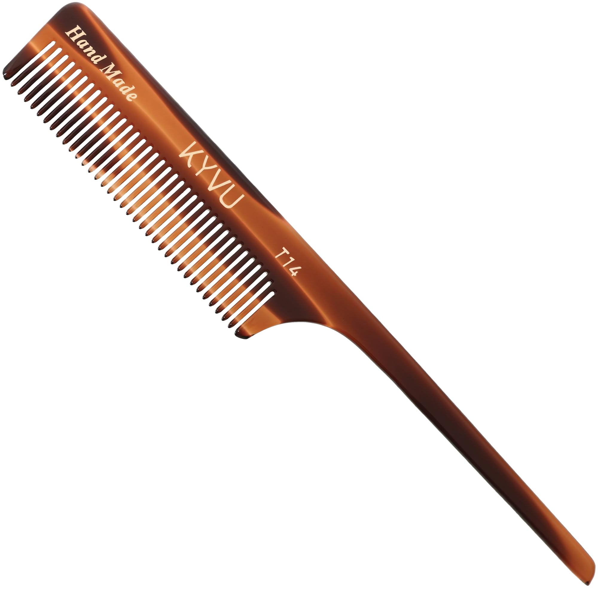 KYVU T14 Tail Comb with Handle - Handmade Fine-Tooth Styling Comb - 18.7 cm - Cellulose Acetate, Tortoiseshell Finish