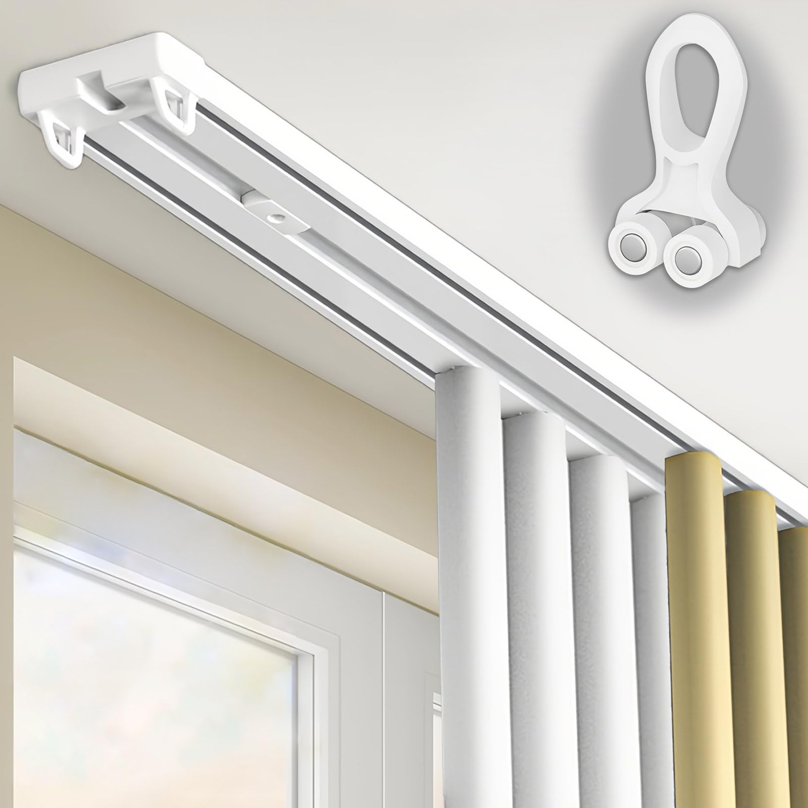 Aluminiowy zestaw szyn do zasłon sufitowych, podwójny system szyn z kółkami pasowymi, idealny do dzielenia pokoju, na balkon, sypialnie, salon (0,6 m)