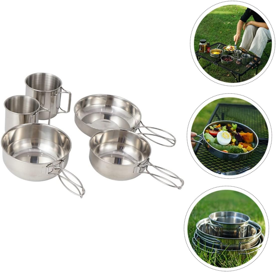 Portable Camping Cookware Stainless Steel 5pcs Dinnerware Set Folding Bowl Cup Frying Pan Safe for Outdoor Activities