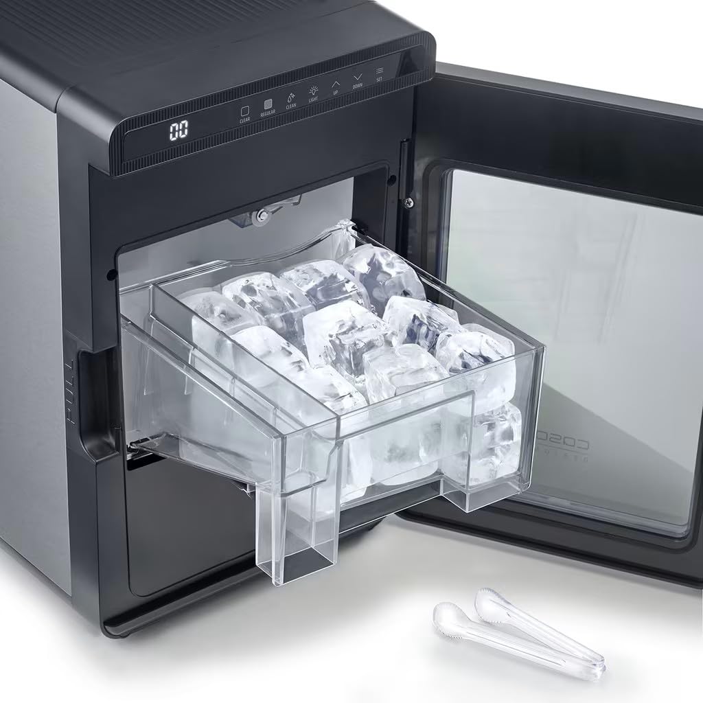 CASO Clear Ice Advanced - Máquina para hacer cubitos de hielo con compresor - Silenciosa 48 dB, cubitos de hielo transparentes y mate, 8-12 min, depósito de agua de 1,5 l, autolimpieza, negro mate