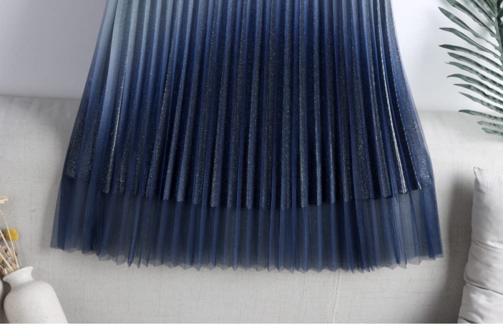 Faldas De Invierno para Mujer, Faldas Plisadas De Malla Degradada Azul Elegante para Mujer Cintura Elástica Falda Midi De Talle Alto De Una Línea Falda Fruncida