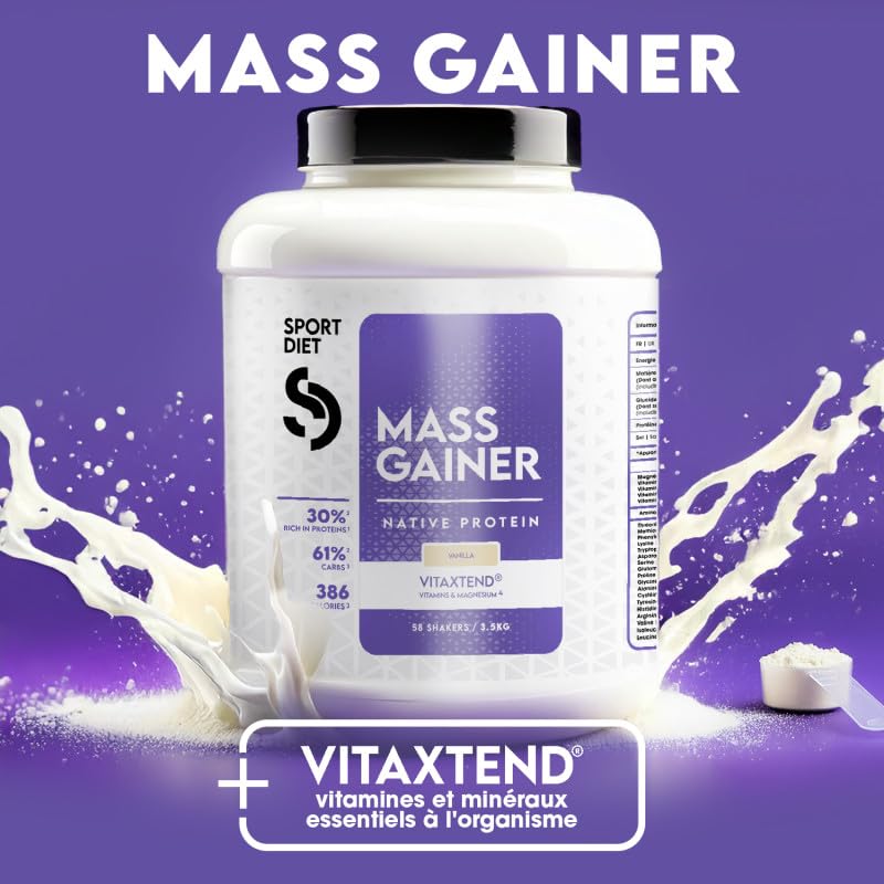 MASS GAINER VITAXTEND – Gainer Riche en Protéines & Glucides – Soutien à la Croissance Musculaire & Énergie – Vitamines B6, C, D3, E – Réduction de la Fatigue & Récupération – 3500g – SportDiet