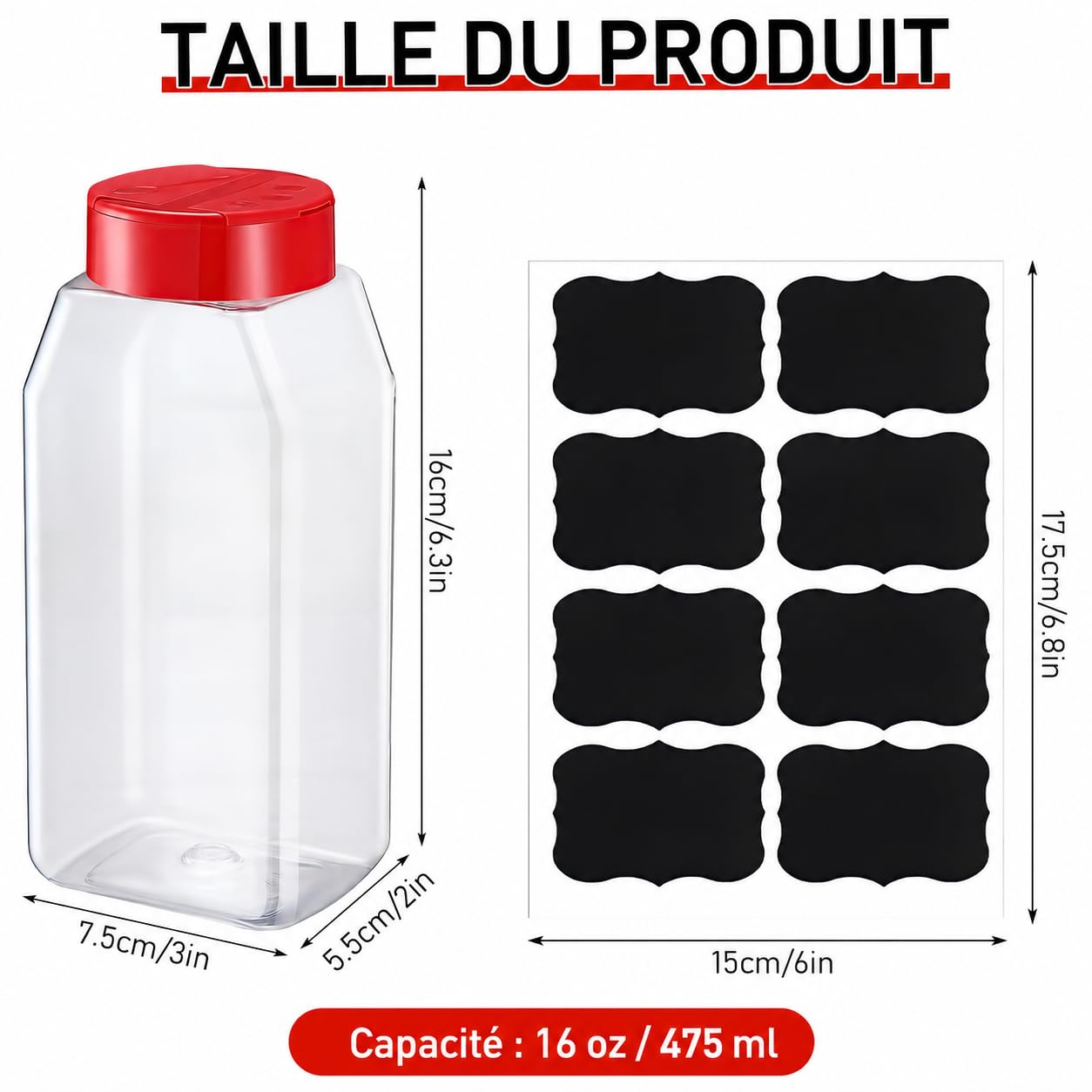 Lot de 28 Pots à Épices en Plastique 500 ml, Couvercles à Double Ouverture | Bocaux à Épices Réutilisables avec Étiquettes pour Sel, Herbes, Poivre, Poudres et Organisation de Cuisine