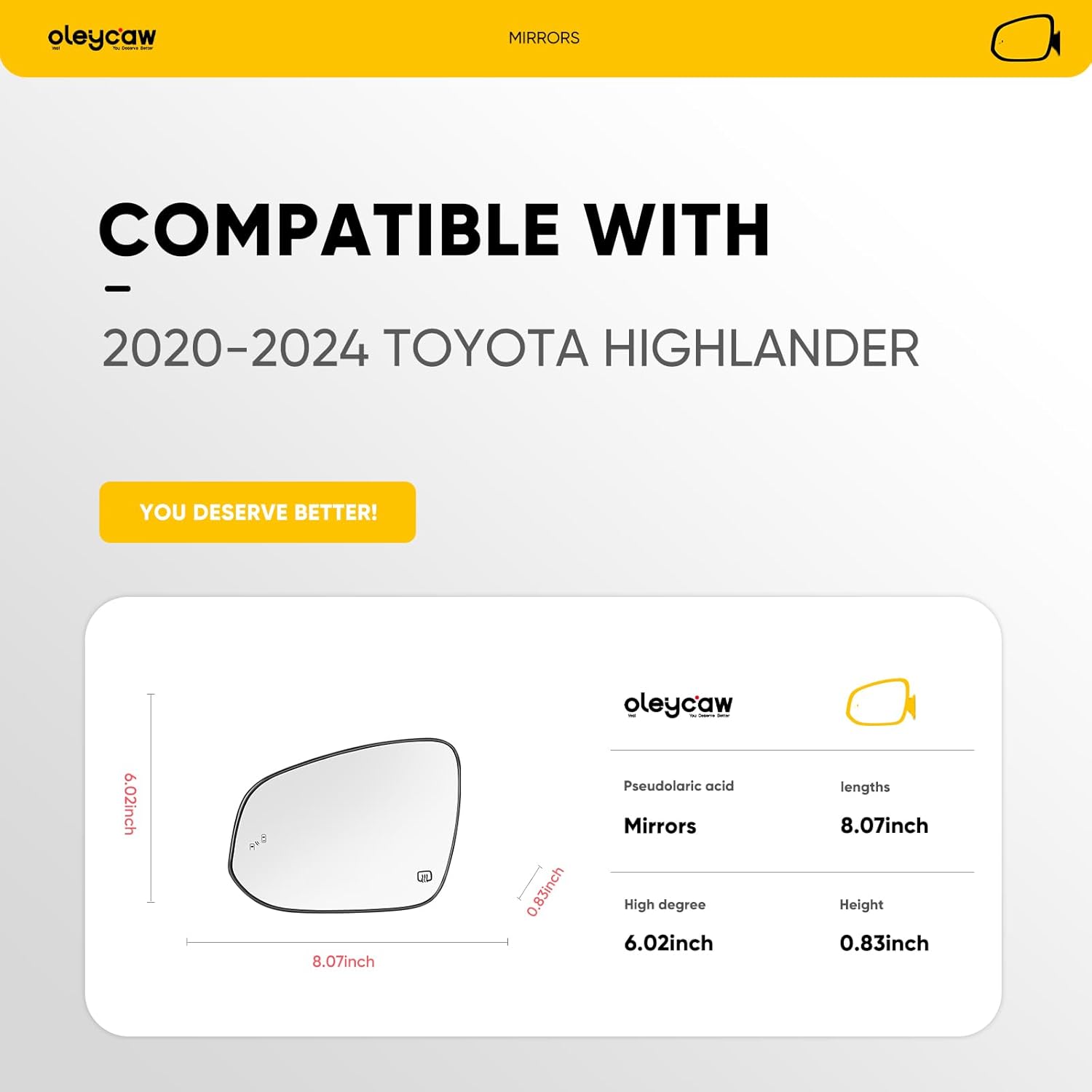 BSD Compatible with 2020 2021 2022 2023 2024 Toyota Highlander Driver Side Mirror, Left Side Mirrors, Power Heated, Blind Spot