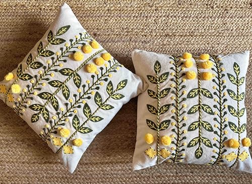 Image of Decorative Embroidered Cushion Covers | 16 x 16 inches | Crewel Work, Pom Poms, Dori Work | Luxury Home Decor for Couch, Sofa, Bed | Set of 2