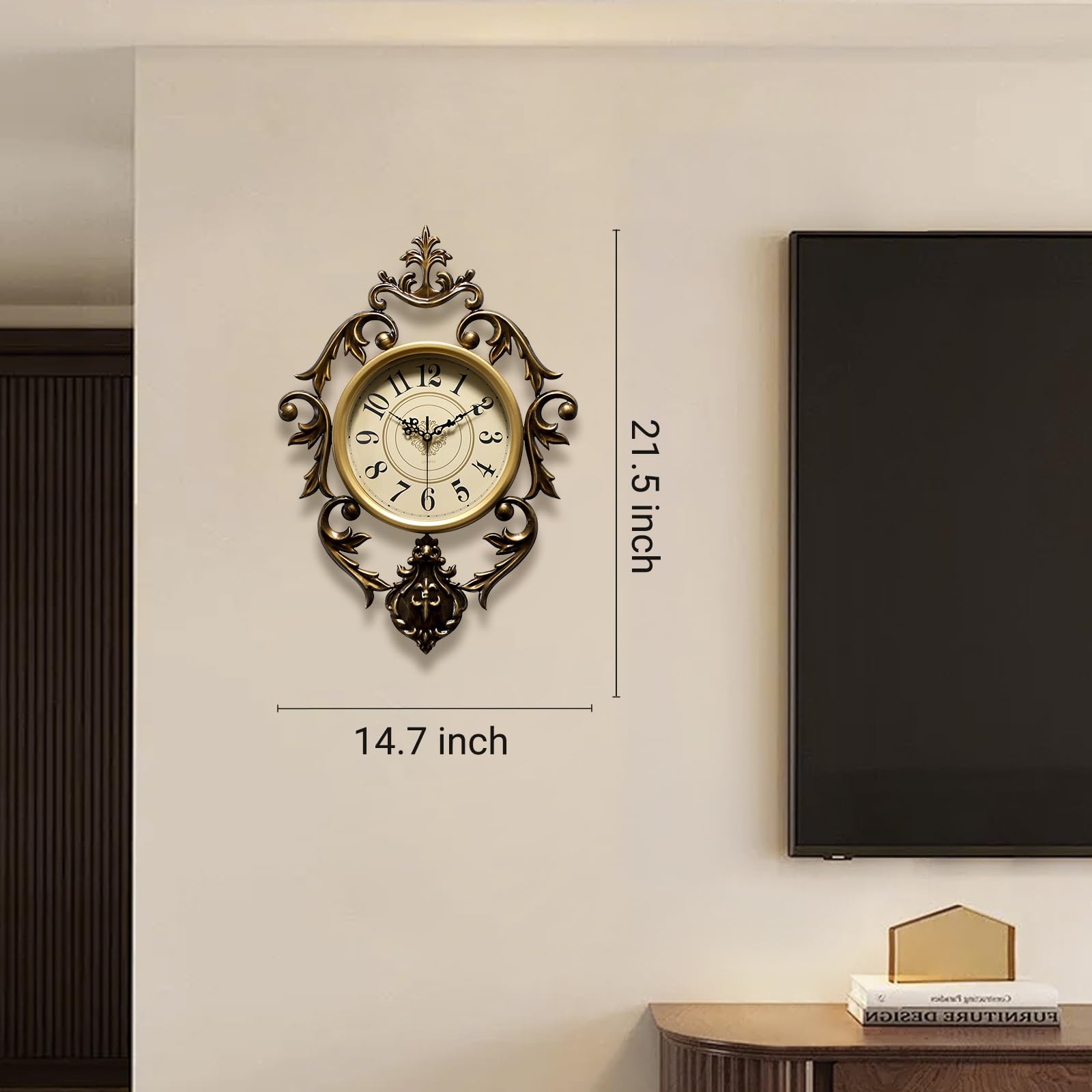 Metalowy zegar ścienny w stylu vintage, zasilany bateriami, nietykający antyczny zegar ścienny, zegar retro w stylu baroco do sypialni, salonu, jadalni i kuchni. 53 x 38 cm