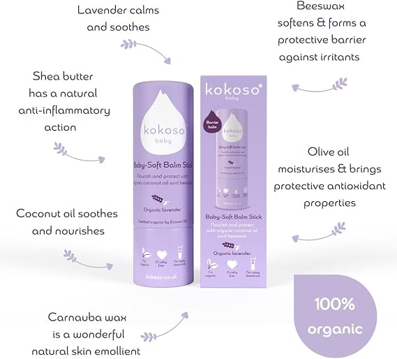 Kokoso Baby Soft Balm Stick, Organic Lavender, Great for Dry Hands, Sore Lips and Chapped Cheeks, Protects Dribbly Chins and Soothes Dribble Rash, 100% Natural & Organic Ingredients, 13g