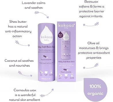 Kokoso Baby Soft Balm Stick, Organic Lavender, Great for Dry Hands, Sore Lips and Chapped Cheeks, Protects Dribbly Chins and Soothes Dribble Rash, 100% Natural & Organic Ingredients, 13g