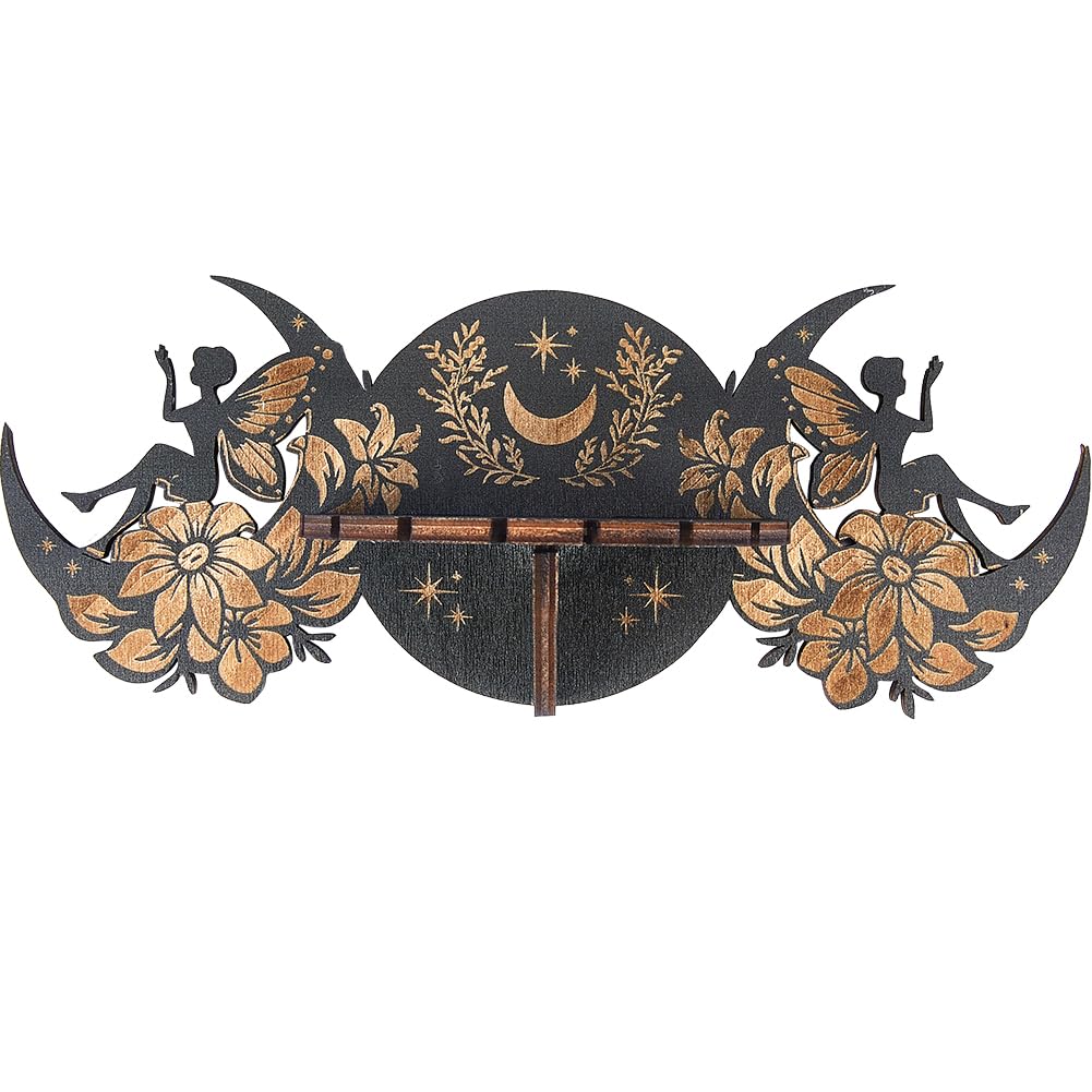 Fairy Crystal Shelf Display Wooden Wall Crystal Shelf Angel Rustic Floating Shelves Trinket Dowsing Pendulum Holder Stand for Hanging Essential Oil Spiritual Gift Wall Decor 9.84x3.93Inch