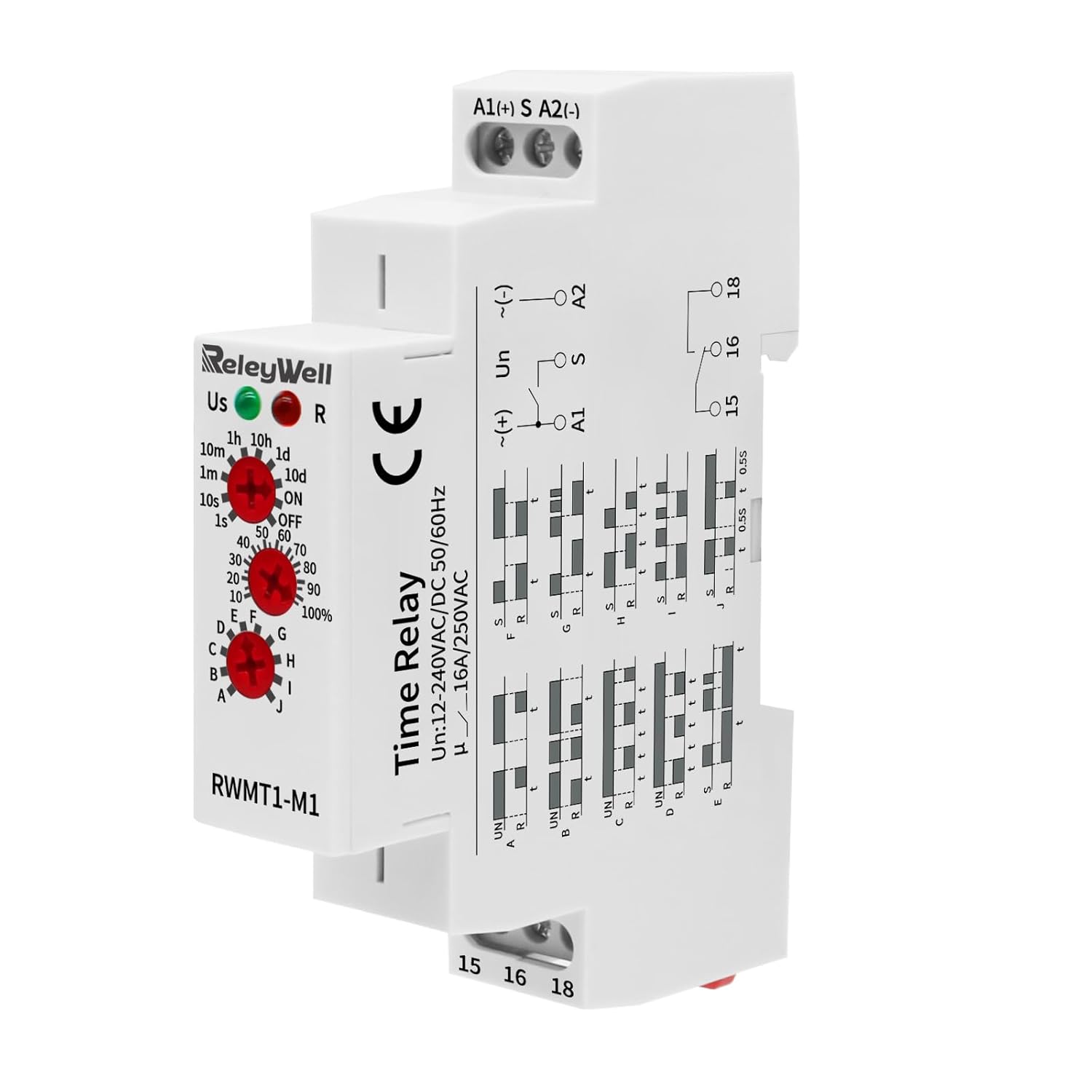 Delay Time Relay, GRT8-M1 AC DC 12V, 24V, 120V, 16A Multifunction Timer Relay with 10 Function Selections, 0.1 sec-10 Days, Delay ON Off, Din Rail Timer (M1 AC/DC 12V-240V)