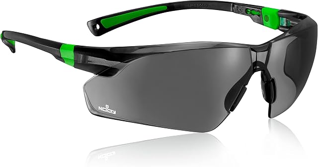 NoCry Work and Sport Safety Sunglasses with Green Tinted Scratch Resistant Wrap-Around Lenses and No-Slip Grips, UV 400 Protection. Adjustable, Black & Green Frames