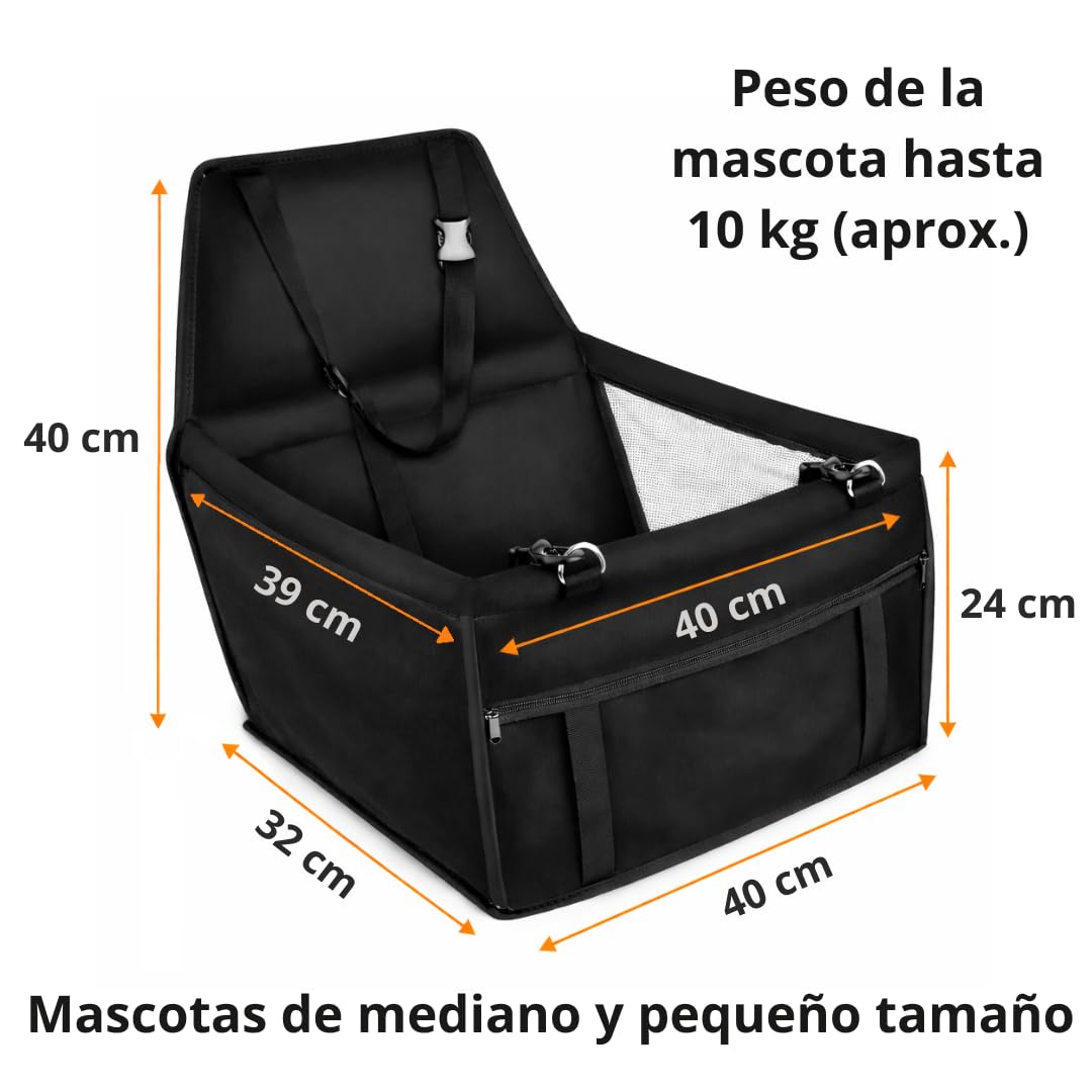 Transportín para Perros y Gatos para Coche | Asiento Seguro y Reforzado con Correa de Seguridad | Impermeable, Plegable y Universal | Incluye Manopla para Quitar Pelos | 40x40x32 cm