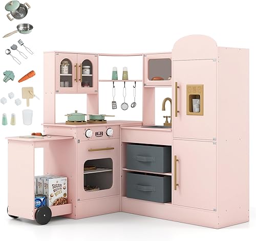 Costzon Cocina de juego de esquina con luz y sonido reales, carrito extraíble, cubos de tela, estufas, máquina de hielo, microondas, horno, juego de