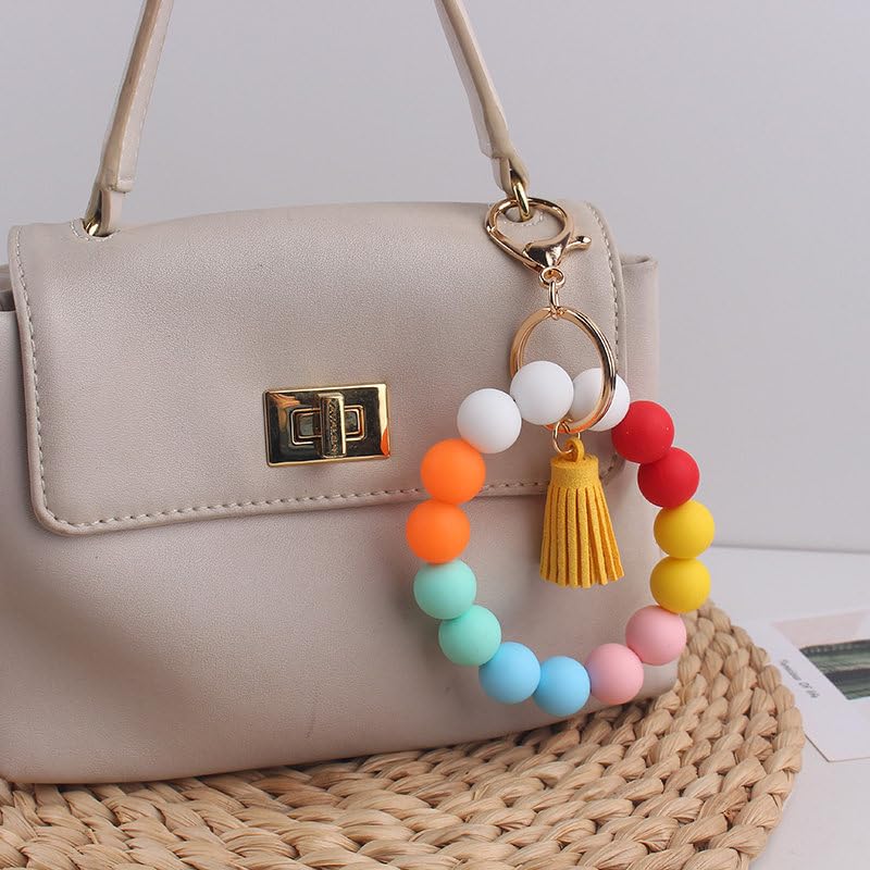 Image of Silicone Beaded Bracelet Keychain Wristlet Cute Car Key Chain Holder Wallet Bag Charm Accessory
