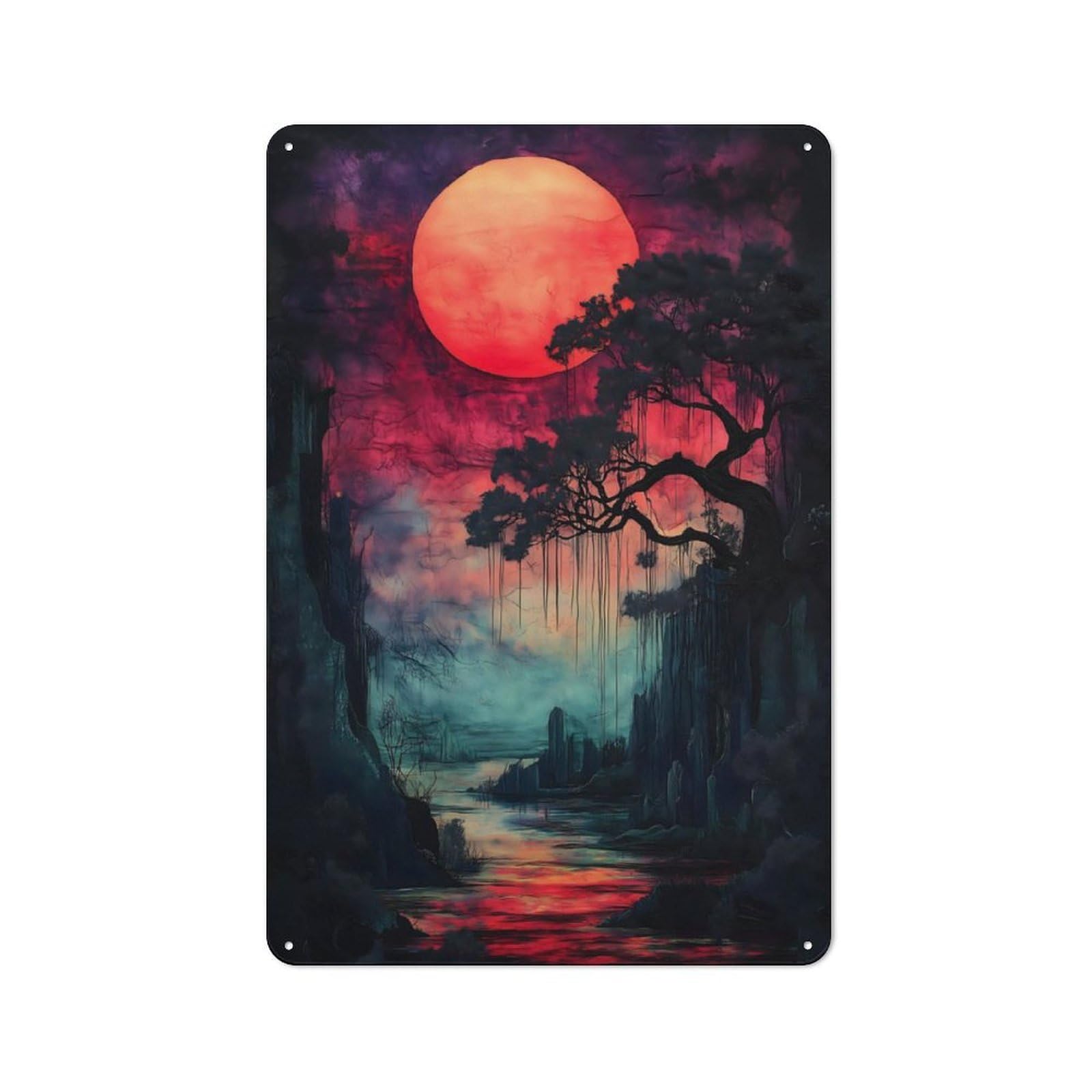 Junmoney Bloodmoon River Sunset Retro Metal Sign 30X20cm Featuring For Bar Or Restaurant, For Bar Decor Enthusiasts