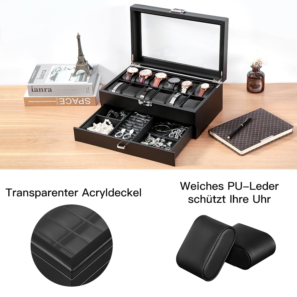 Uhrenbox mit 2 Ebenen,Uhrenbox Schmuck Uhr Aufbewahrungsbox mit Glasdeckel, Uhrenkasten schmuckkästchen Uhrenkoffer 12 Fächer und 1 Schublade für Uhren, Ringe, Armbänder