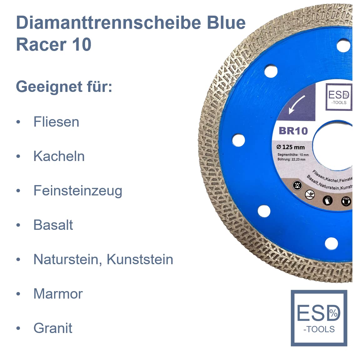 10 x de diamante BR10 baldosas con núcleo reforzado Diámetro 125/22,23 orificio/altura del segmento 10 mm/Disco De Corte De Baldosas piedra natural