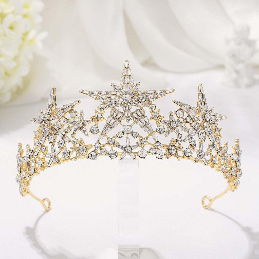 Woeoe Tiara da donna in cristallo con strass dorati, diadema da regina e corona da principessa tiara per costume da festa di compleanno accessori per capelli, METALLO