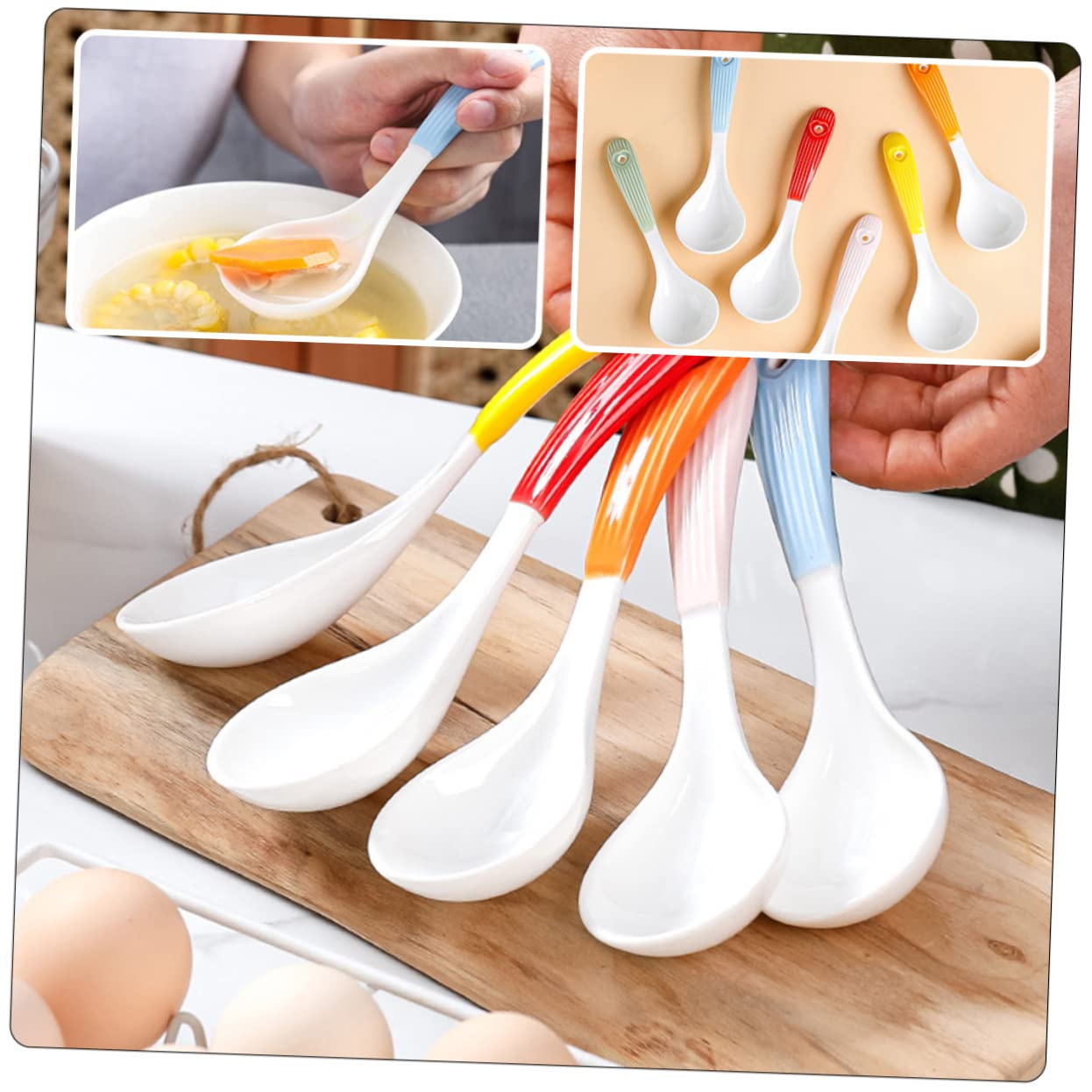 Keramik Suppenlöffel 6 Stück Glatte Oberfläche Tragbarer Kleiner Essenslöffel Für Ramen Pho Udon Picknick