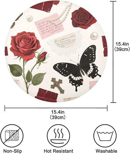 Miniatura 4 de Juego de 6 manteles individuales redondos con rosas románticas rojas, antideslizantes, reversibles, acolchados individuales para mesa de papel de