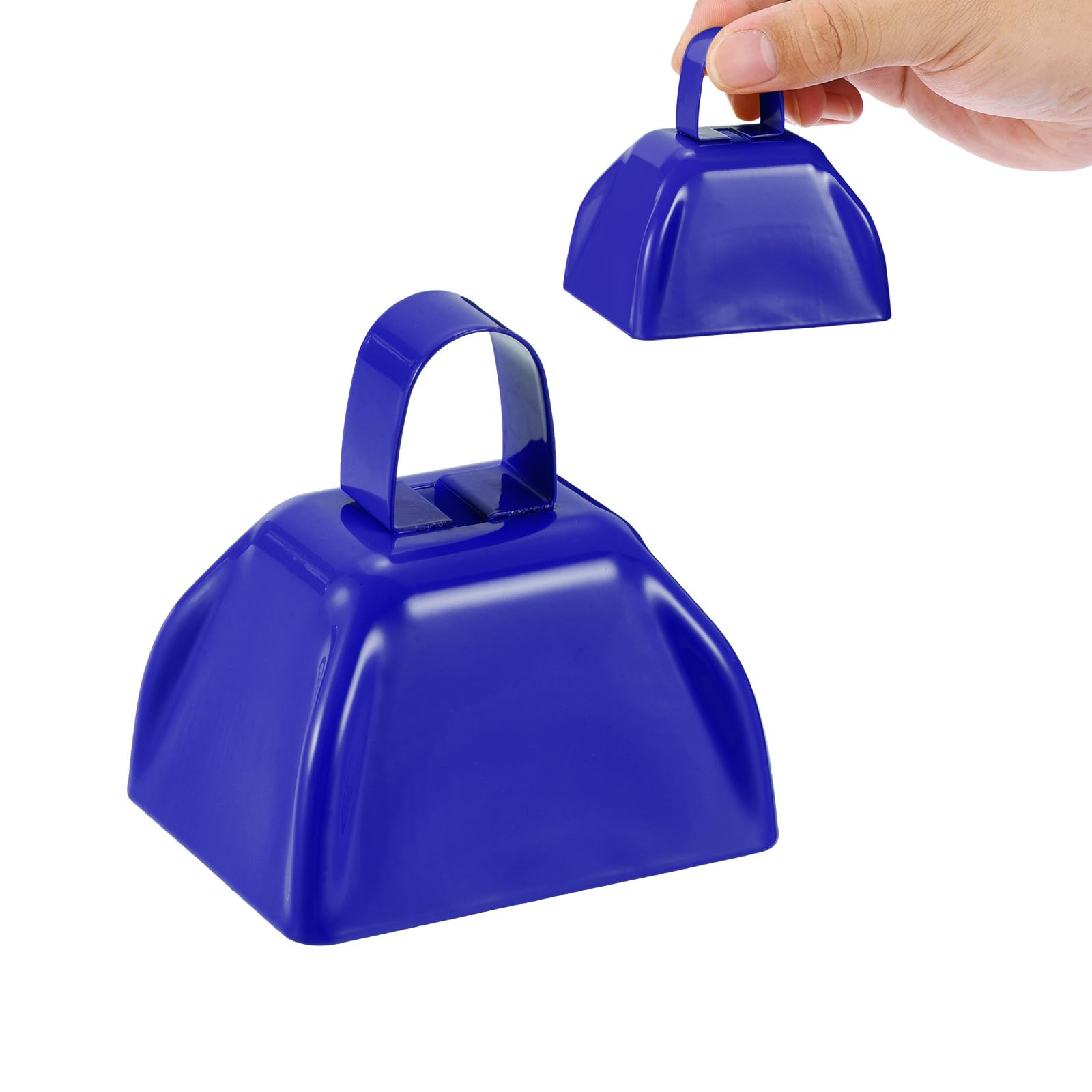 PATIKIL 2pcs Cow Bells for Football Games 3inch Cowbells for Sporting Events Bulk Loud Noise Makers Metal Cow Bell with Handle for Cheering Competition Marathon Wedding Blue