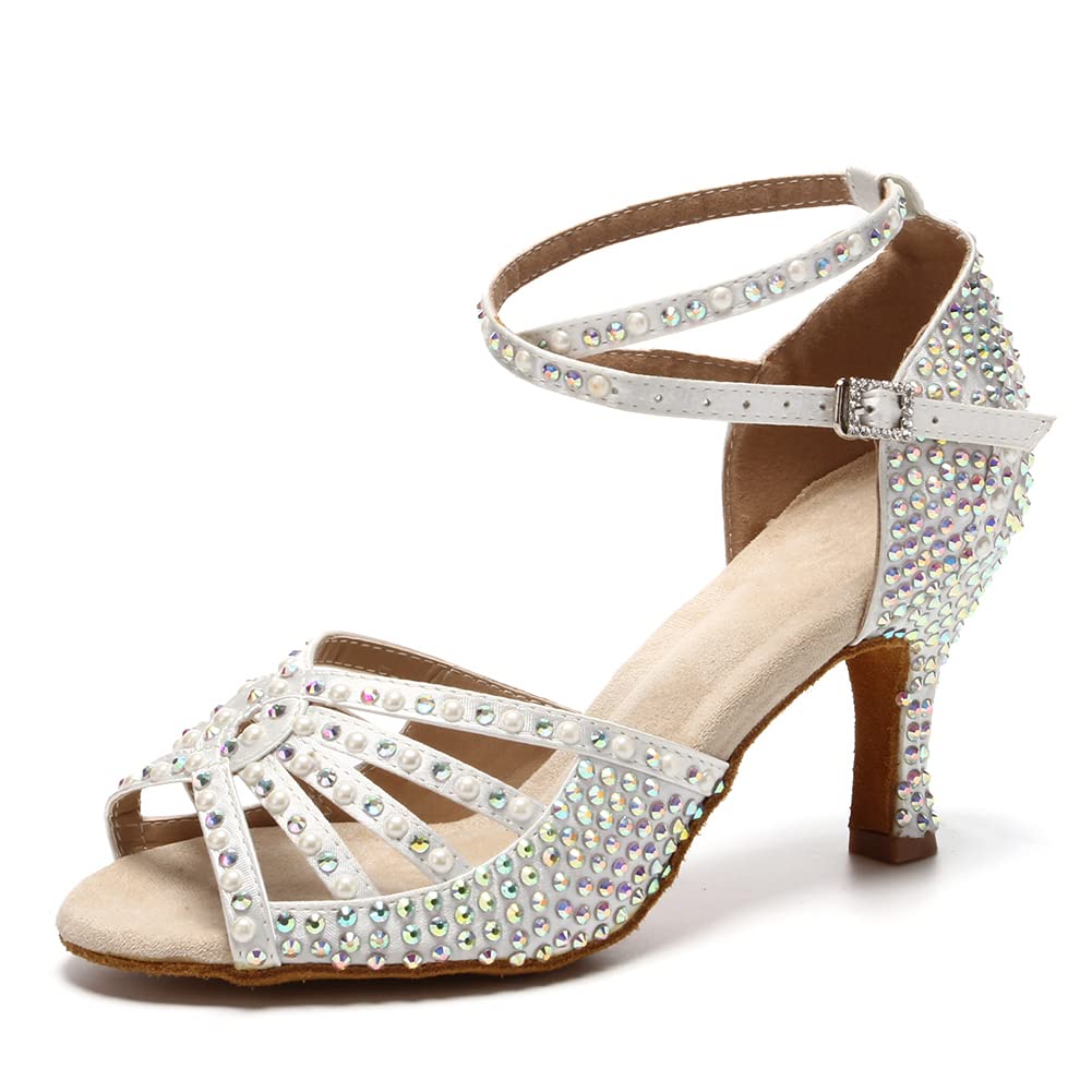 JUODVMP Women's Latin Dance Shoes Rhinestones Satin Ballroom Dancing Shoes Salsa Professional Dance Shoes
