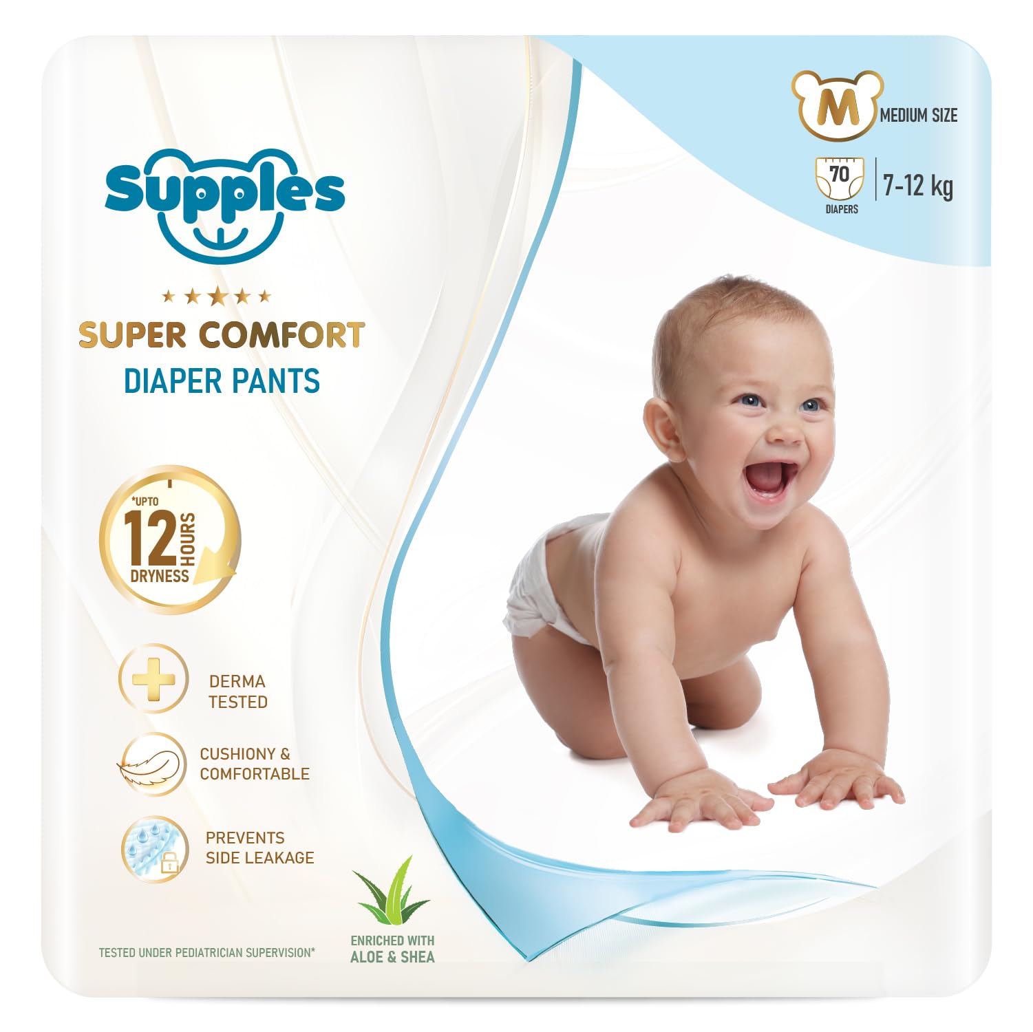 Amazon Brand – Supples Super Comfort Baby Diaper Pants | Medium (7–12 kg), 70 Count | Dermatologically tested, Ultra-Thin, Soft & Breathable | Wetness Indicator, Anti-Leak, All-Night Absorbency