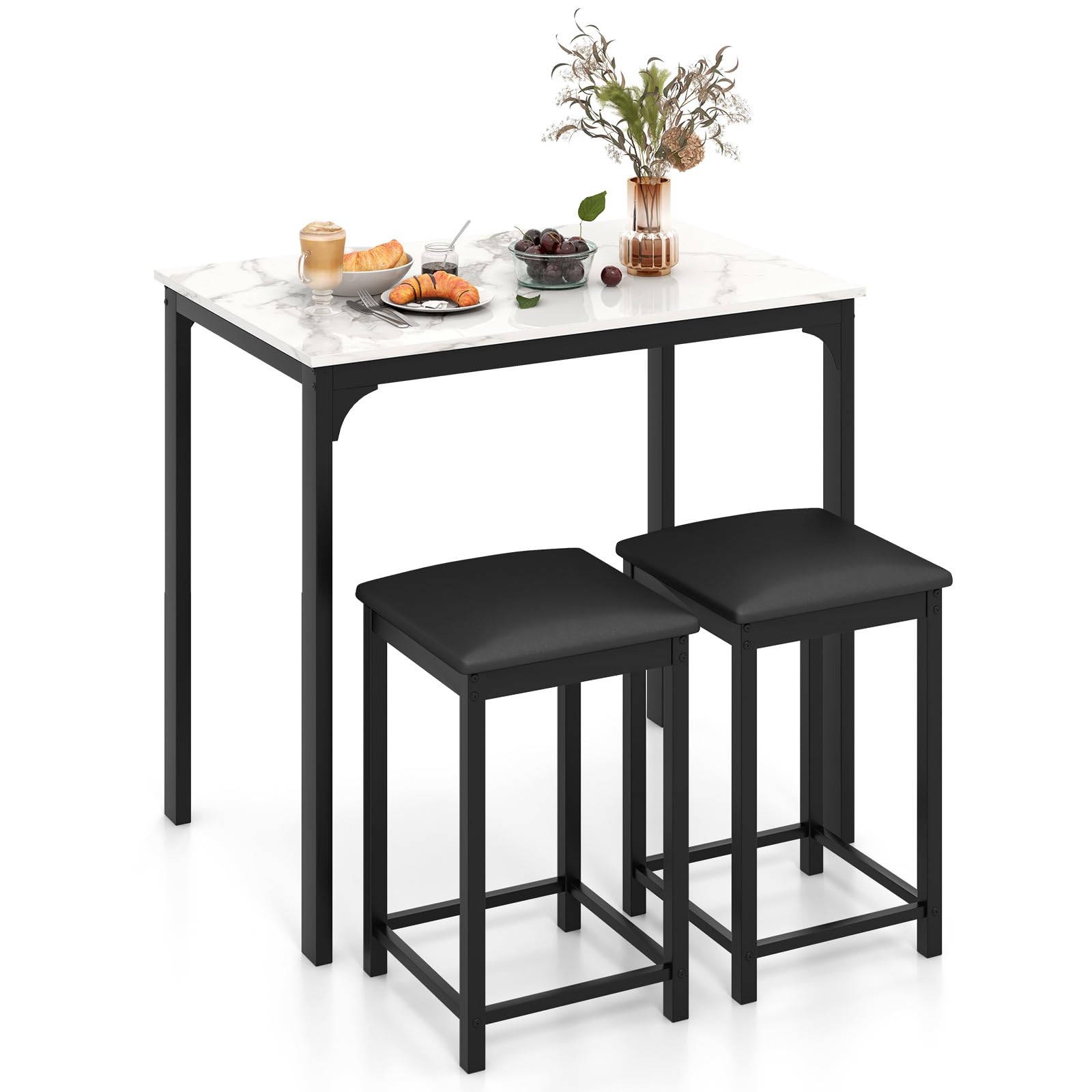GiantexUK 3 Pieces Dining Table Set, Metal Frame Kitchen Bar Table Set with PU Leather Padded Stools, Breakfast Counter Height Pub Table and Chairs for Dining Living Room（White）