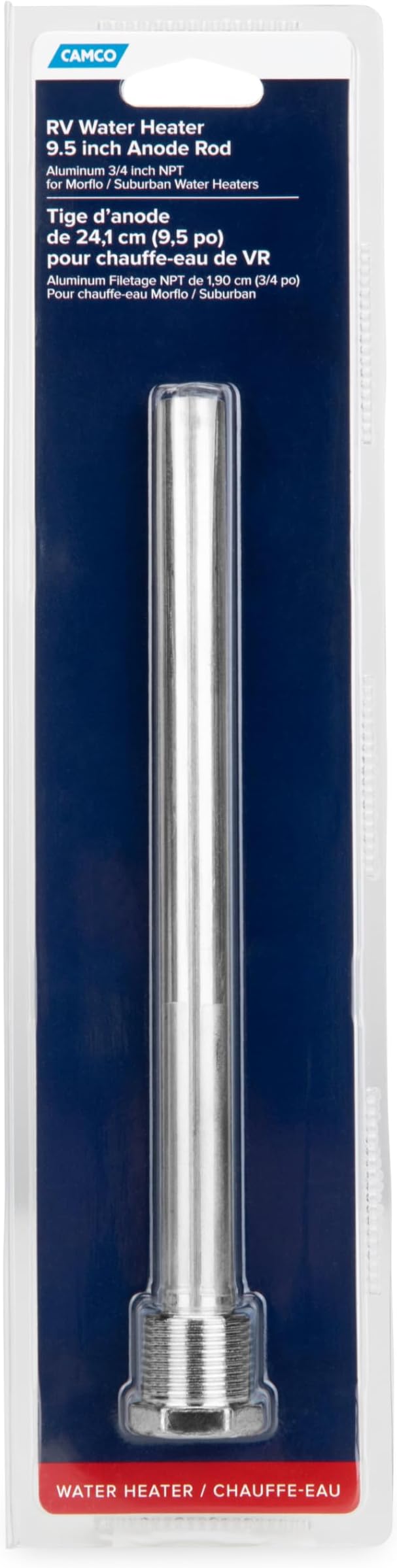 Camco Aluminum RV Water Heater Anode Rod - 3/4 Inch NPT Fits Suburban/Mor-Flo Models - 5/8 Inch x 9.5 Inch - Extends The Life of Water Heaters by Attracting Corrosive Elements (11563)