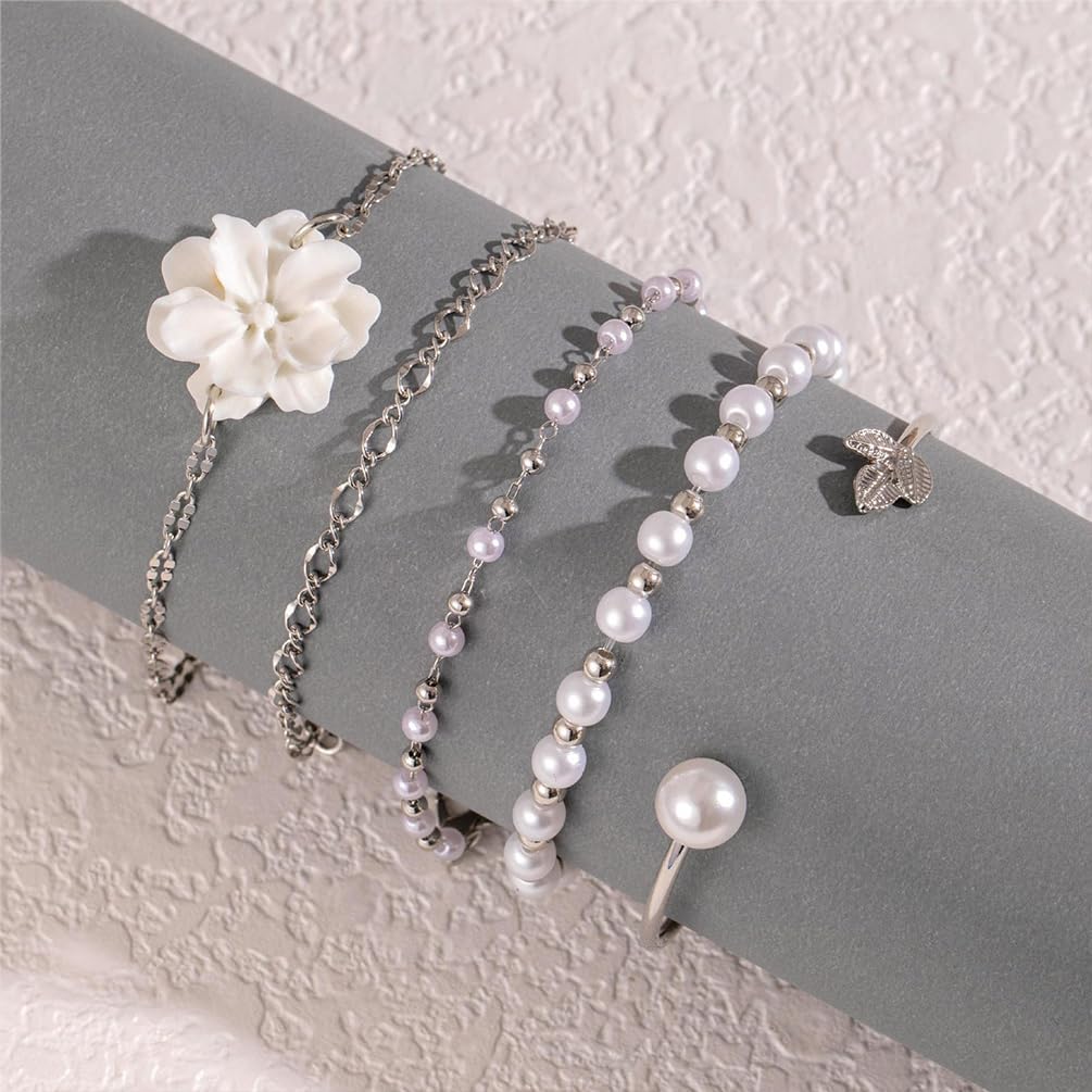 5Pcs Boho White Flower Beaded Pearl Bracelets for Women Trendy, Cute Gold Silver Stackable Floral Petal Pearls Beads Chain Bracelet Holiday Jewelry Gifts - Image 4