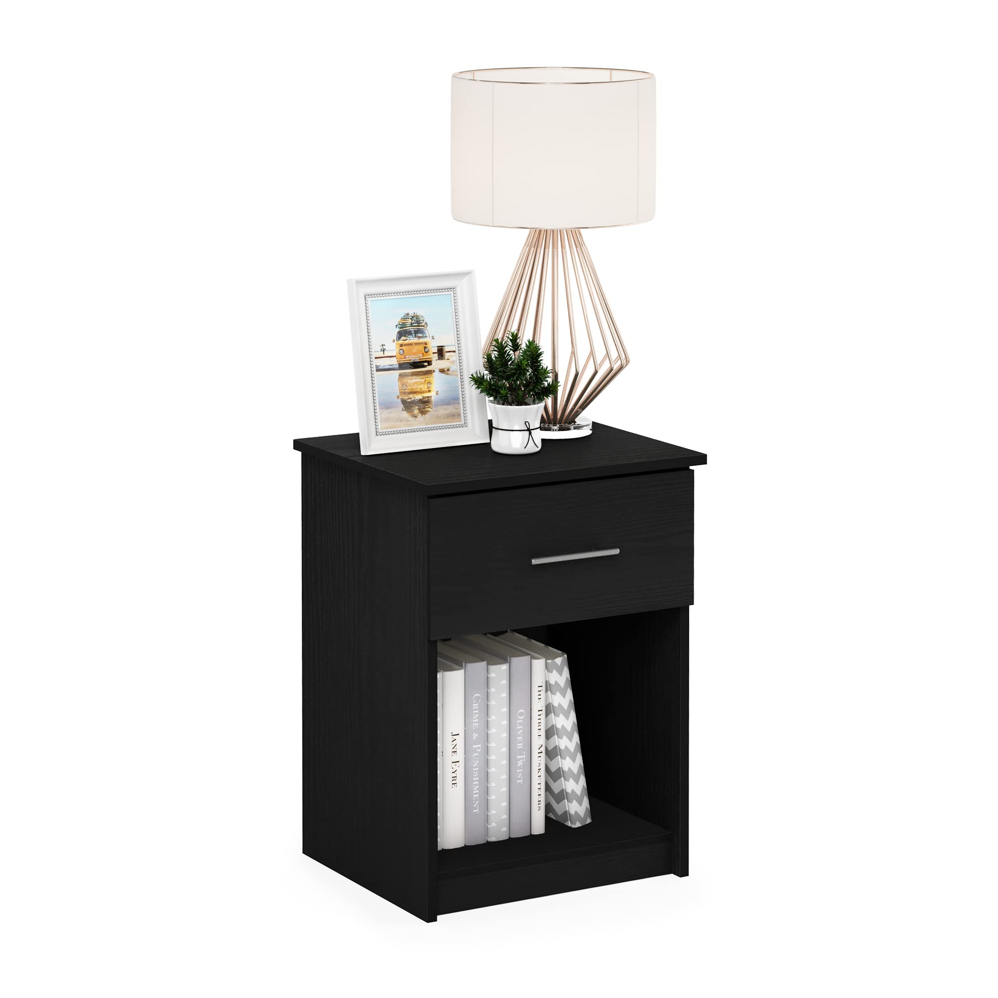 Furinno TIDUR Night Stand, Nightstand with Drawer, Bedside Table, End Table, Side Table with Storage Shelf, Bar Handle Drawer, for Bedroom, Living Room, Americano