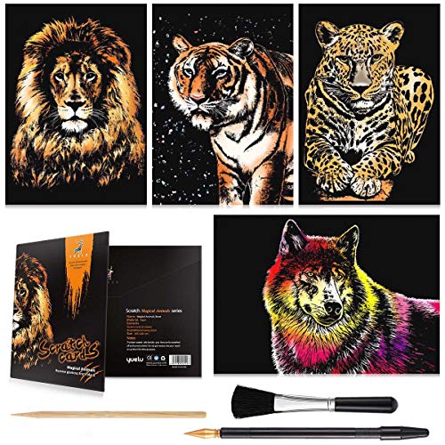 Scratch Art Paper (A4) for Kids & Adults, Rainbow Painting Night View Scratchboard, Art Craft, Crafts Set: 4 Scratch Cards Tiger/Leopard/Lion/Wolf & Scratch Drawing Pen, Clean Brush(Ferocious Animals)