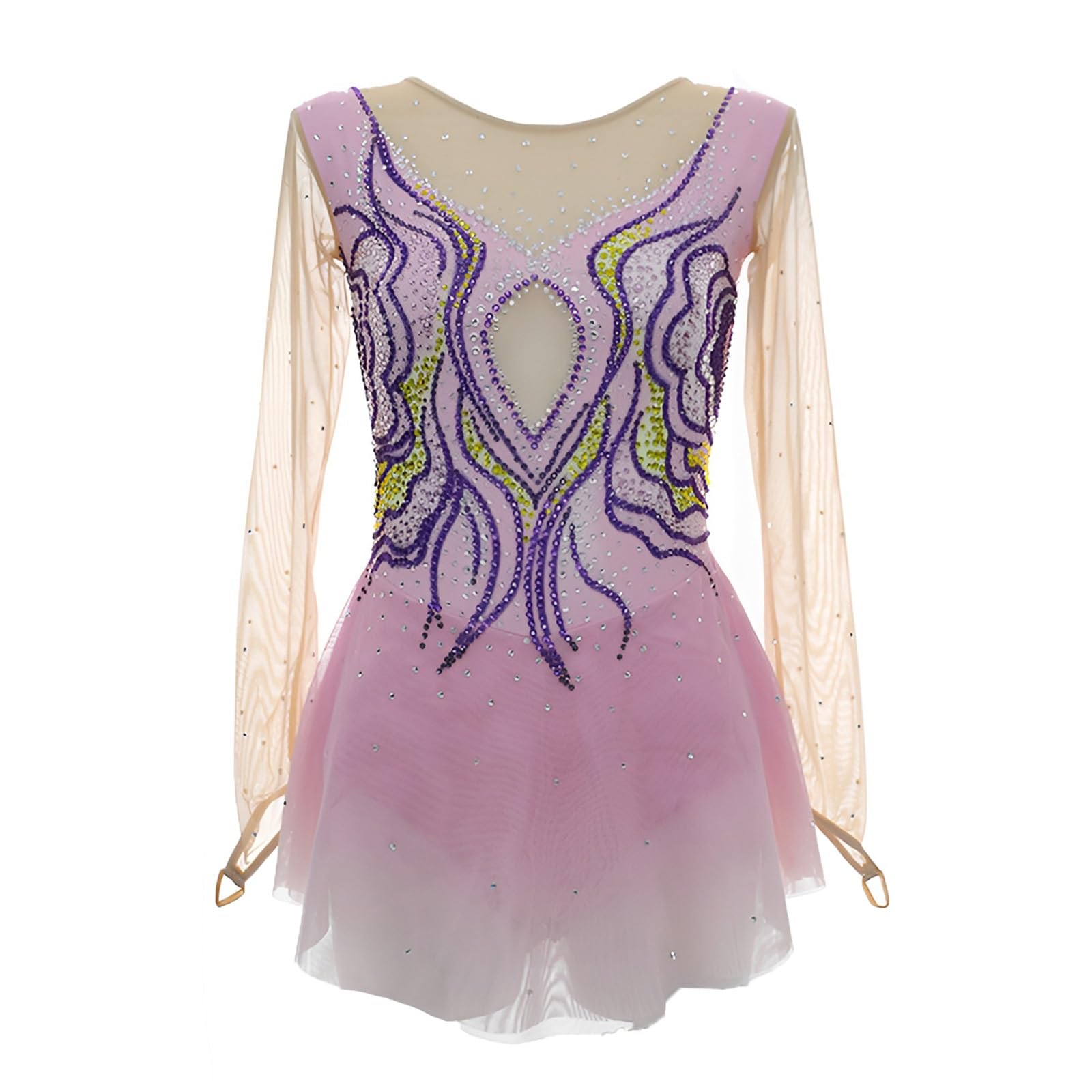 Girl's Shiny Competition Figure Skating Dress, Women's Handmade Long Sleeve Ice Skating Dresses, Customizable(Medium) Pink