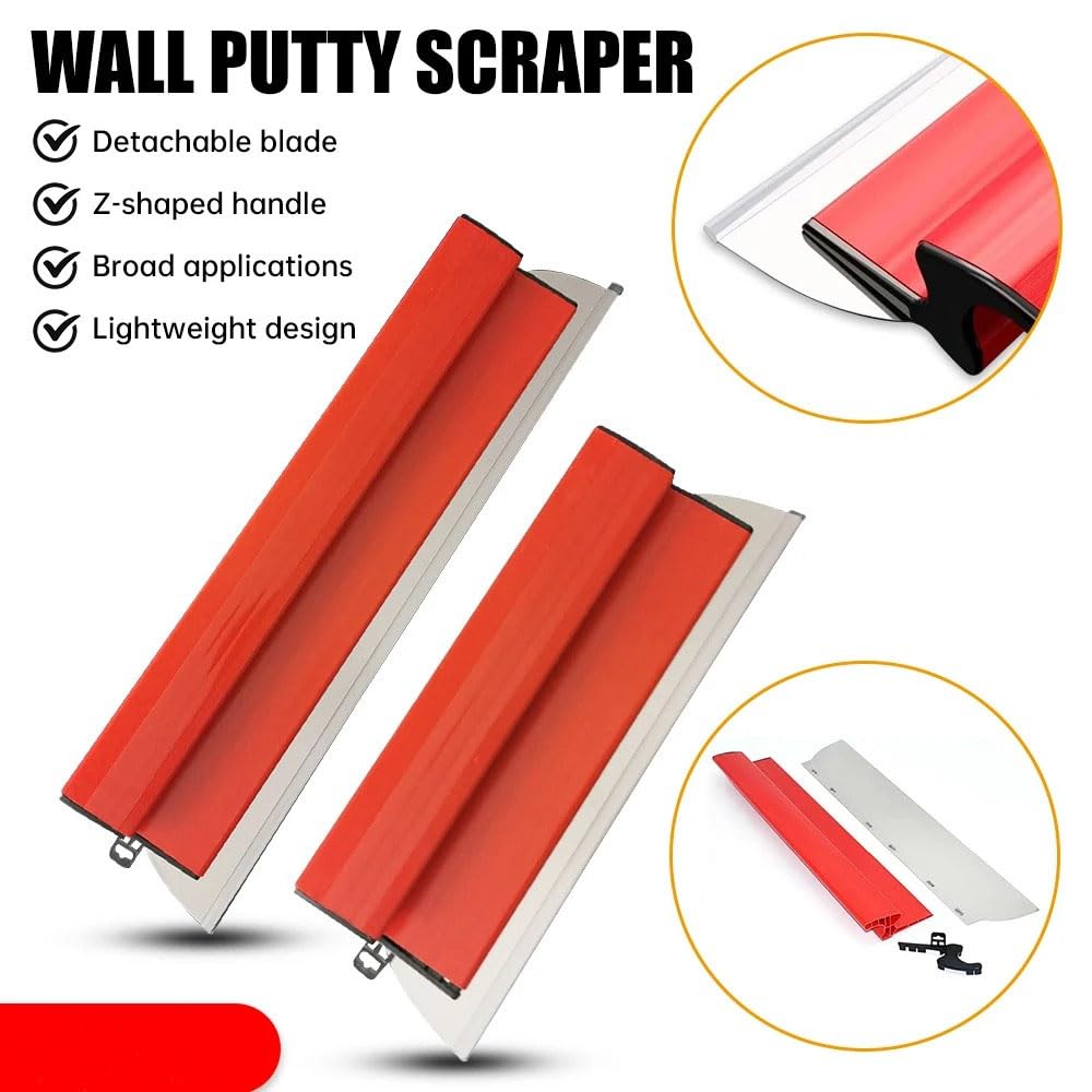 NEWFUN Kit Lame à Lisser pour Plaquiste, Spatules de 25 cm, 40 cm, 60 cm et 80 cm pour le Crépissage des Murs et Plafonds, Perche Télescopique de 1,27 M (red)
